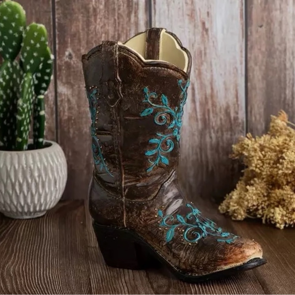 New 10” Brown & Turquoise Floral Cowboy Boot Vase